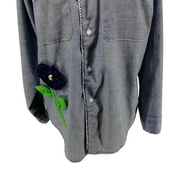 Vintage Applique Flower Chambray Button Front Shirt Size Mens Small Womens M/L - Picture 8 of 15